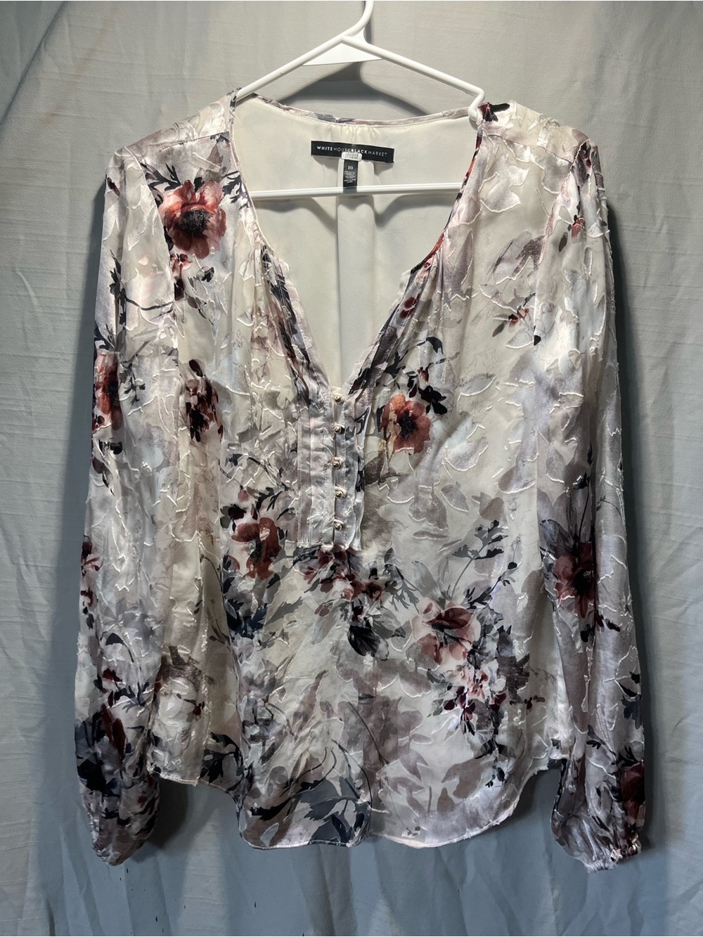 White House Black Market ivory floral V-neck blouse